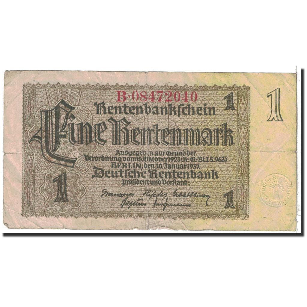 Billete, 1 Rentenmark, 1937, Alemania, KM:173b, 1937-01-30, BC+