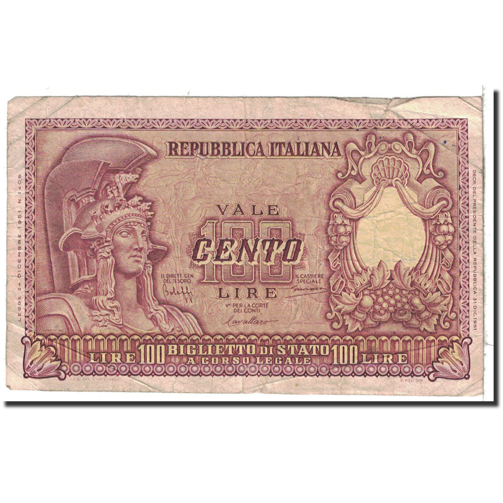 Banknote, Italy, 100 Lire, 1951, 1951-12-31, KM:92a, VF(20-25)