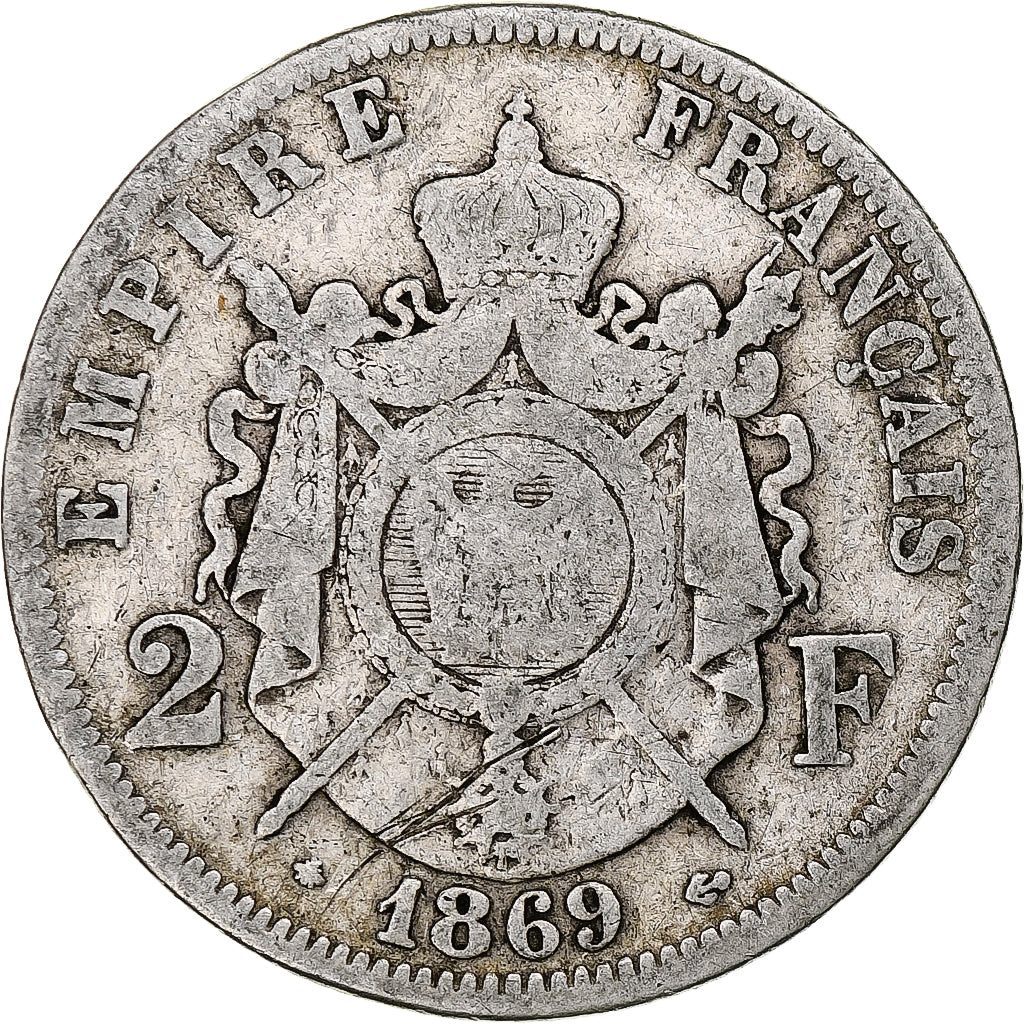 Frankrijk, Napoleon III, 2 Francs, 1869, Paris, Zilver, FR, Gadoury:527