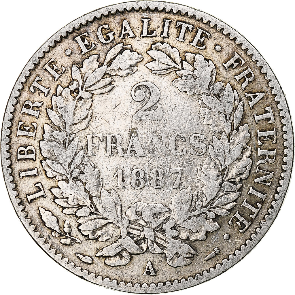 France, 2 Francs, Cérès, 1887, Paris, Silver, VF(30-35), Gadoury:530a