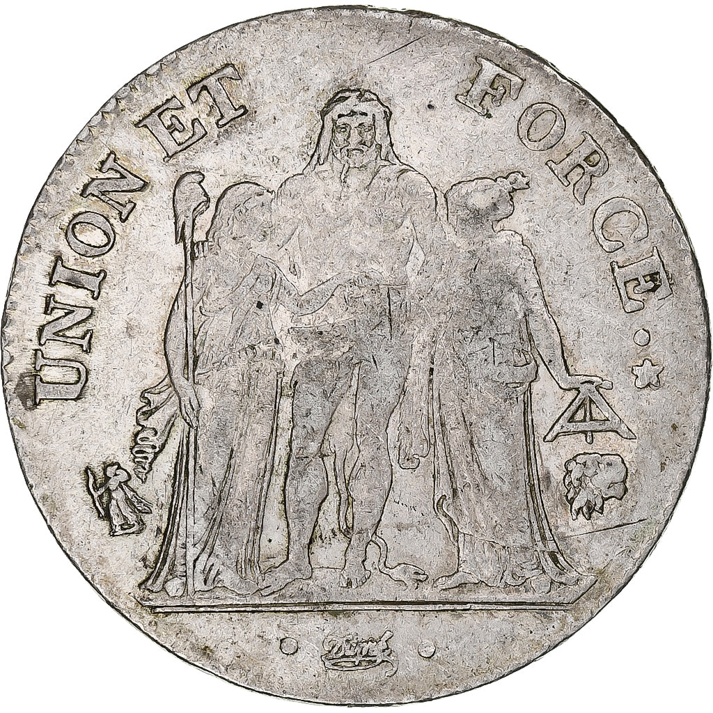 França, 5 Francs, Union et Force, AN 8/5, Bayonne, Prata, EF(40-45)