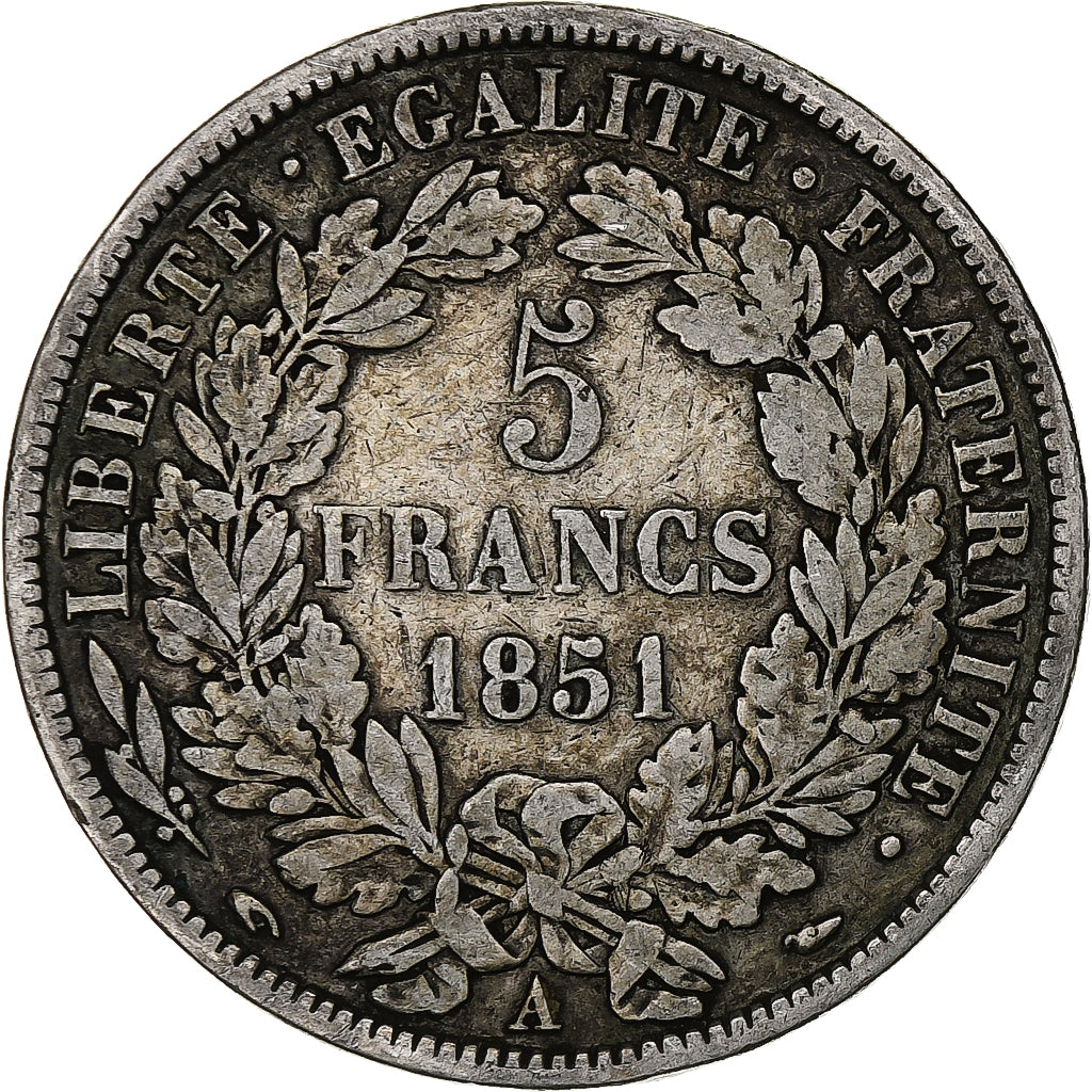 Francia, 5 Francs, Cérès, 1851, Paris, Plata, BC+, Gadoury:719, KM:761.1