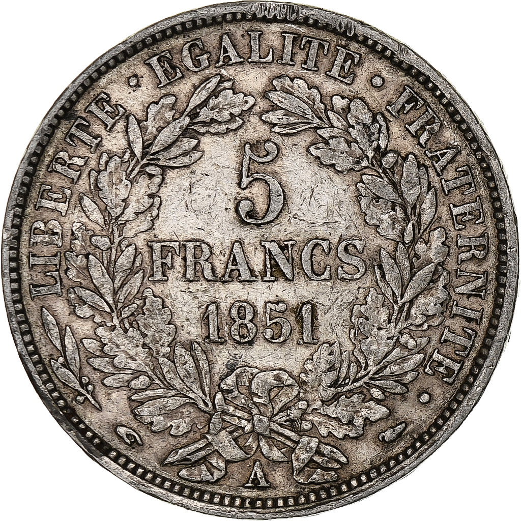 Francia, 5 Francs, Cérès, 1851, Paris, Plata, BC+, Gadoury:719, KM:761.1