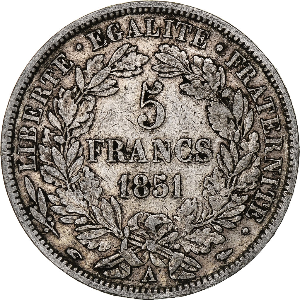 Francia, 5 Francs, Cérès, 1851, Paris, Plata, BC+, Gadoury:719, KM:761.1