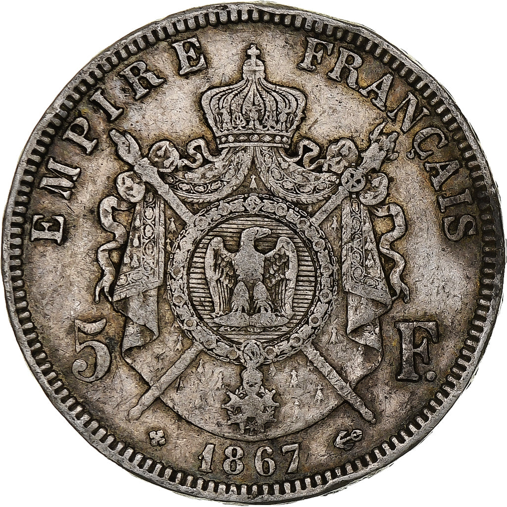 France, 5 Francs, Napoléon III, 1867, Strasbourg, Silver, VF(20-25), KM:799.2