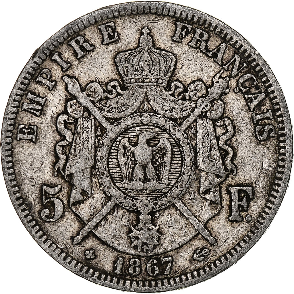 Francja, 5 Francs, Napoléon III, 1867, Strasbourg, Srebro, VF(20-25), KM:799.2