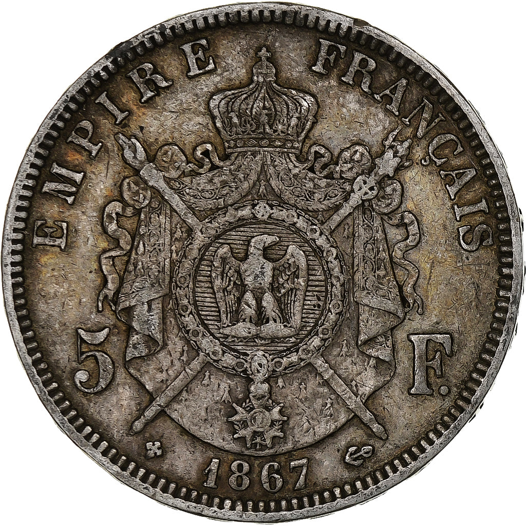 France, 5 Francs, Napoléon III, 1867, Strasbourg, Silver, VF(30-35), KM:799.2