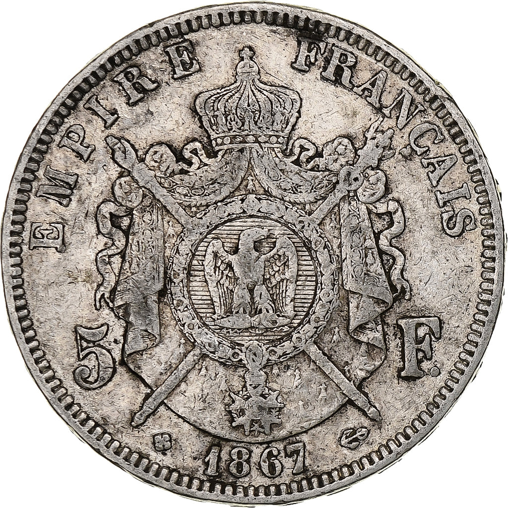 France, 5 Francs, Napoléon III, 1867, Strasbourg, Silver, VF(30-35), KM:799.2