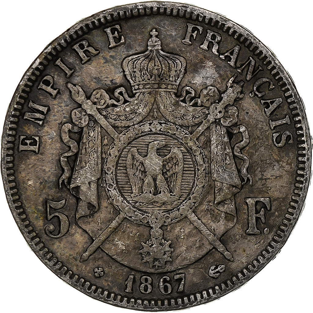 France, 5 Francs, Napoléon III, 1867, Strasbourg, Silver, VF(30-35), KM:799.2