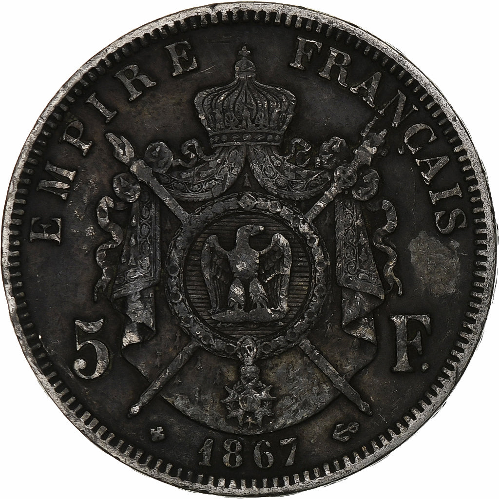 Francia, 5 Francs, Napoléon III, 1867, Strasbourg, Plata, BC+, KM:799.2