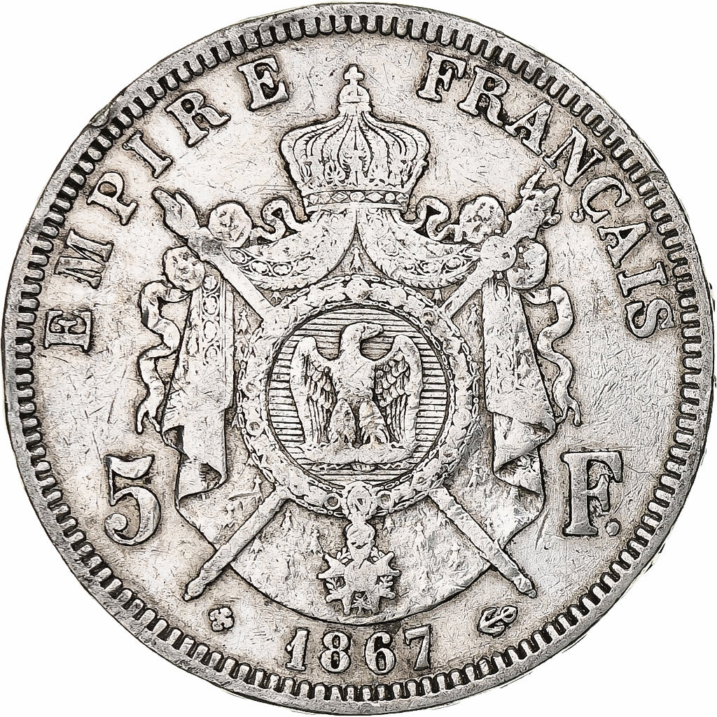 France, 5 Francs, Napoléon III, 1867, Strasbourg, Silver, VF(20-25), KM:799.2