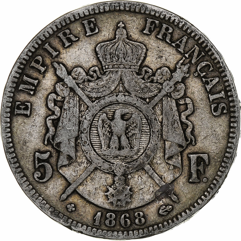 France, Napoleon III, 5 Francs, 1868, Strasbourg, Silver, VF(20-25), Gadoury:739