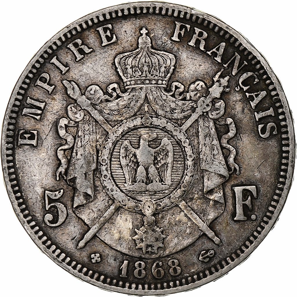 França, Napoleon III, 5 Francs, 1868, Strasbourg, Prata, VF(20-25), Gadoury:739