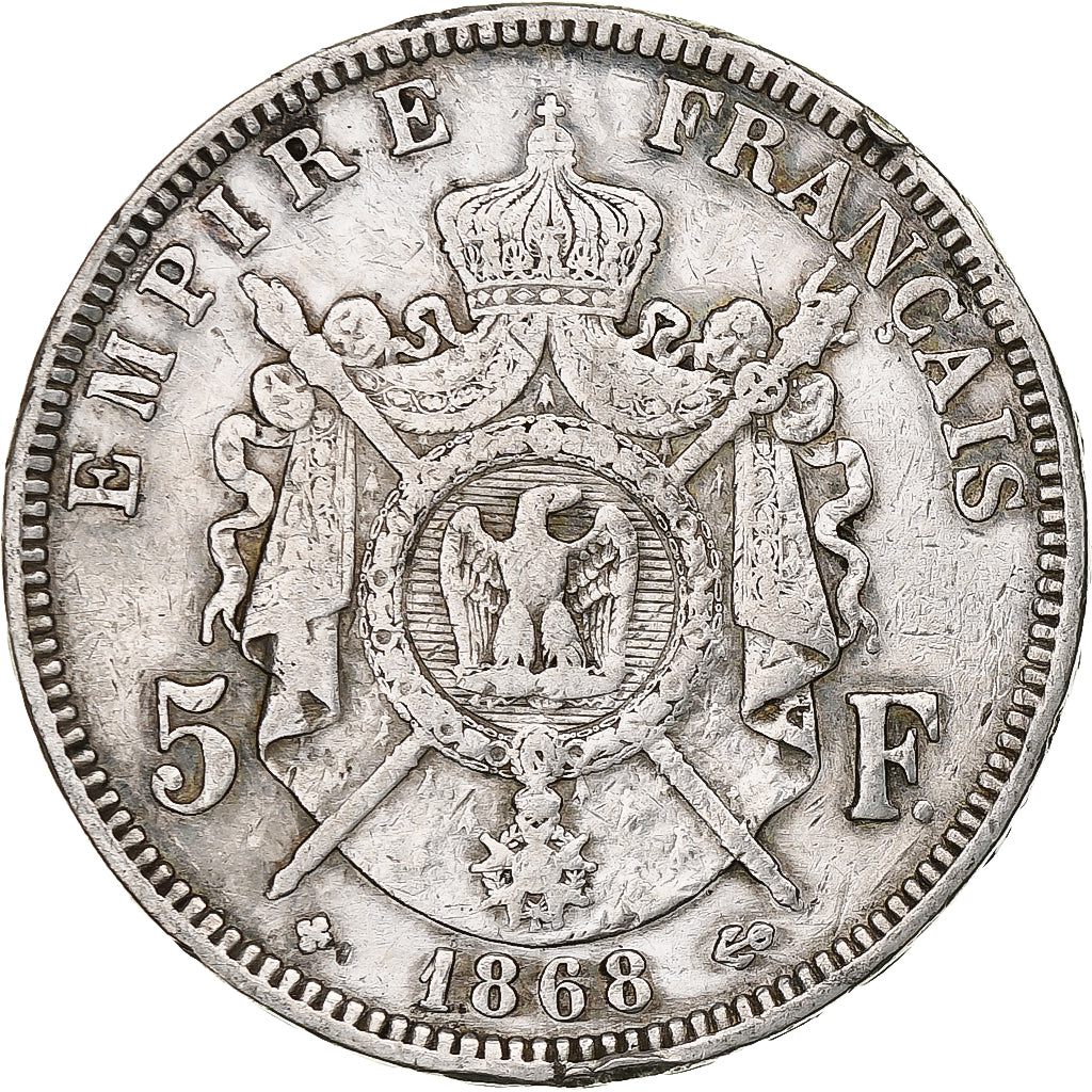 Francia, Napoleon III, 5 Francs, 1868, Strasbourg, Argento, MB, Gadoury:739