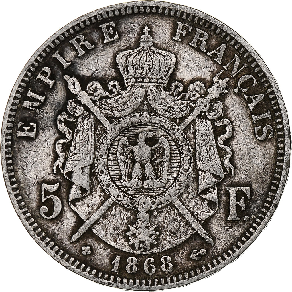 Francja, Napoleon III, 5 Francs, 1868, Strasbourg, Srebro, VF(20-25)