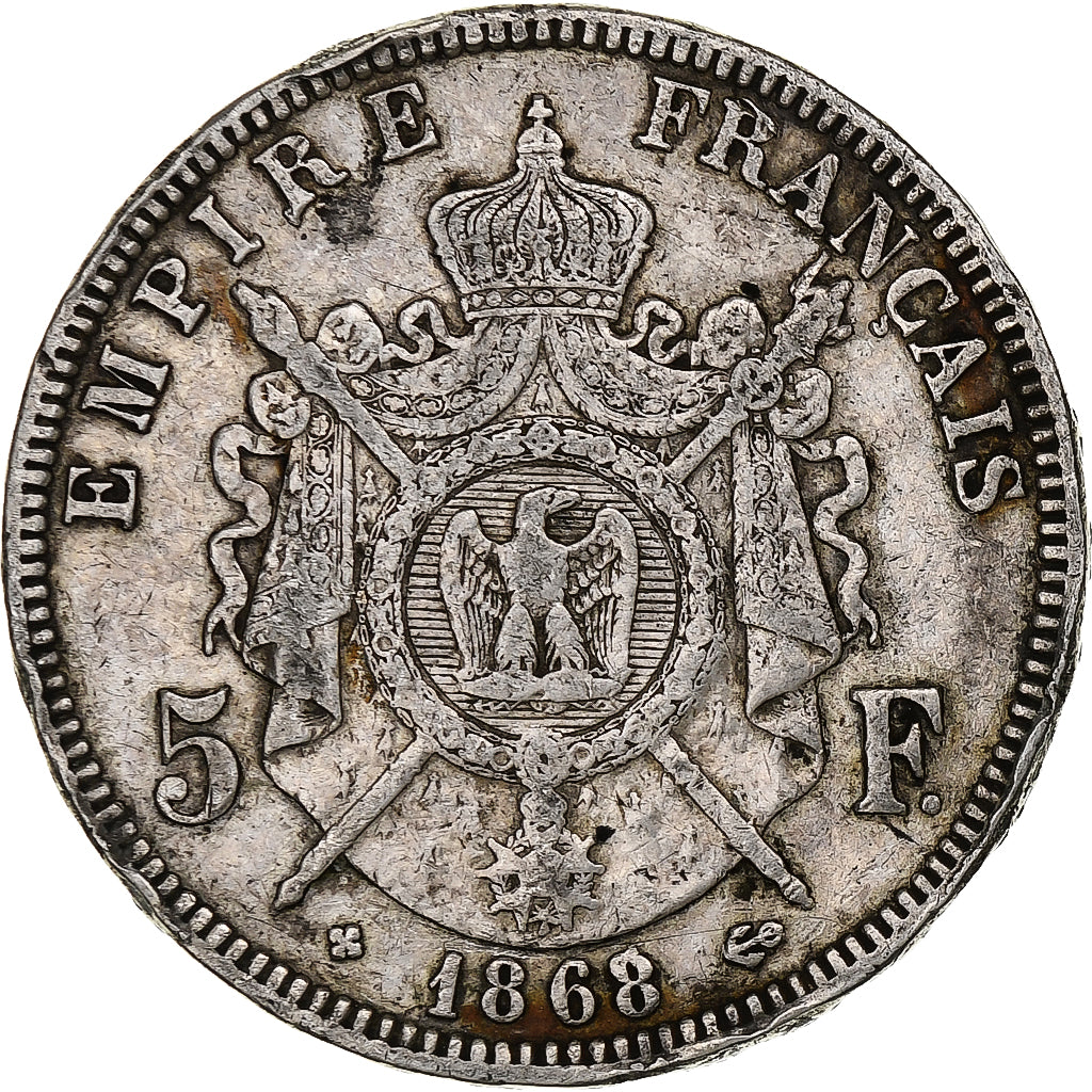 Francia, Napoleon III, 5 Francs, 1868, Strasbourg, Argento, MB, Gadoury:739