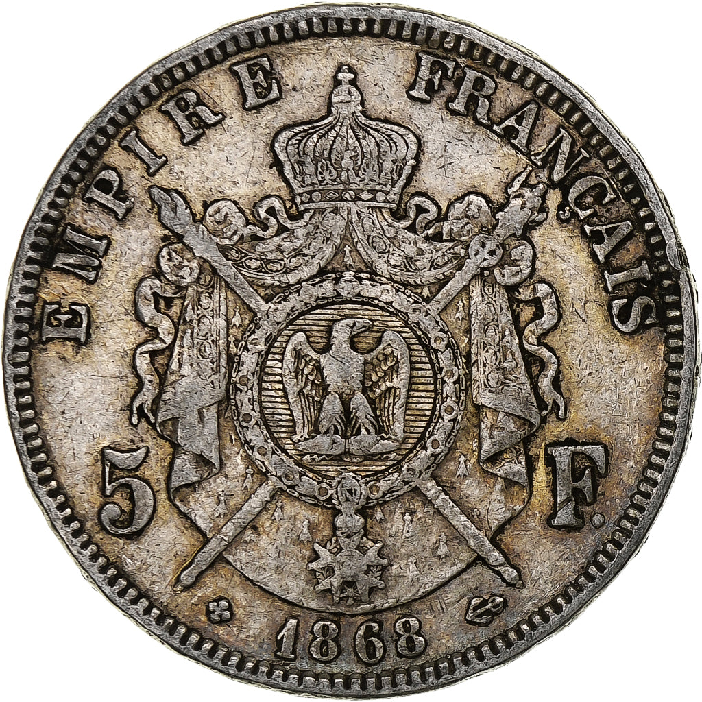 Francja, Napoleon III, 5 Francs, 1868, Strasbourg, Srebro, VF(20-25)