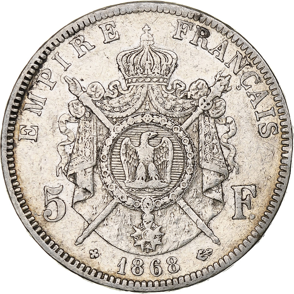 França, Napoleon III, 5 Francs, 1868, Strasbourg, Prata, VF(30-35), Gadoury:739