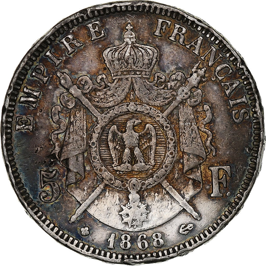 Francja, Napoleon III, 5 Francs, 1868, Strasbourg, Srebro, VF(30-35)