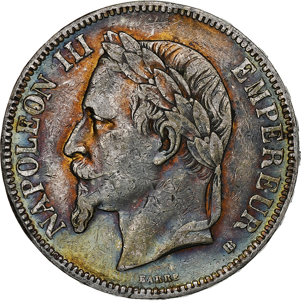 Francia, Napoleon III, 5 Francs, 1868, Strasbourg, Plata, BC+, Gadoury:739
