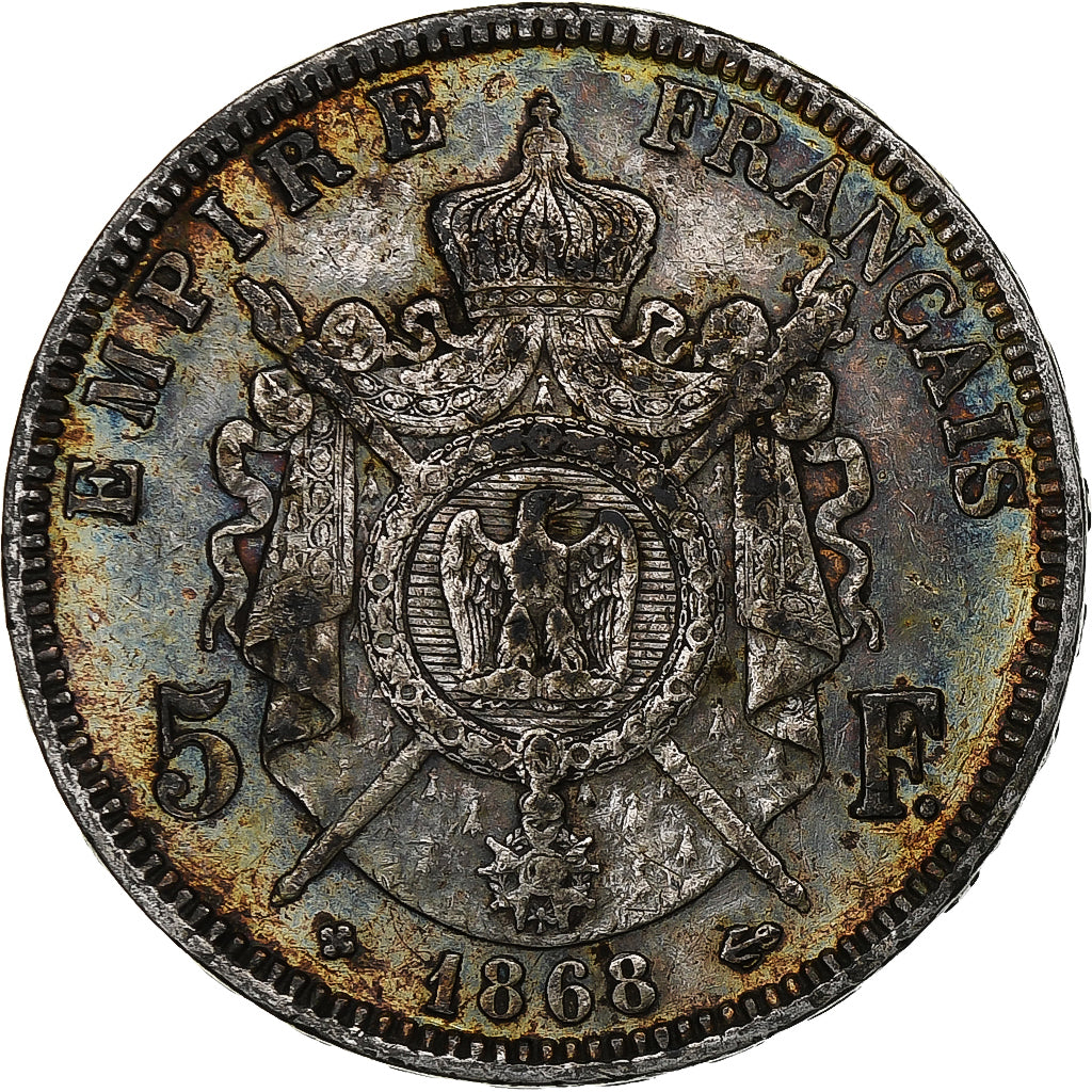 Francia, Napoleon III, 5 Francs, 1868, Strasbourg, Plata, BC+, Gadoury:739