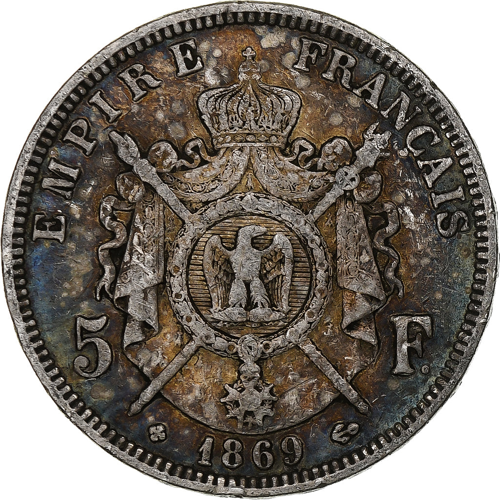 Francia, Napoleon III, 5 Francs, 1869, Strasbourg, Argento, MB, Gadoury:739