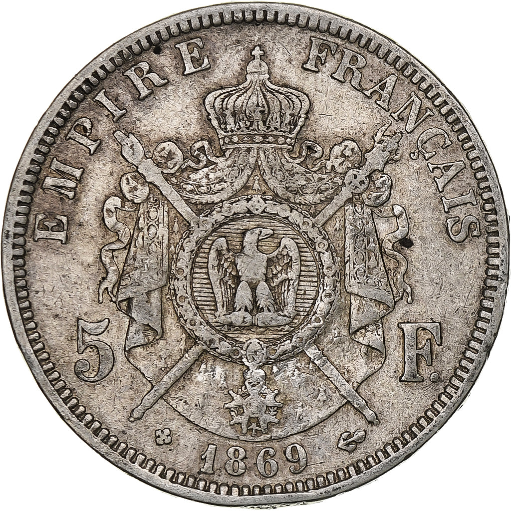 France, Napoléon III, 5 Francs, 1869, Strasbourg, Argent, TB, Gadoury:739