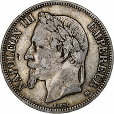 França, Napoleon III, 5 Francs, 1869, Strasbourg, Prata, VF(20-25)