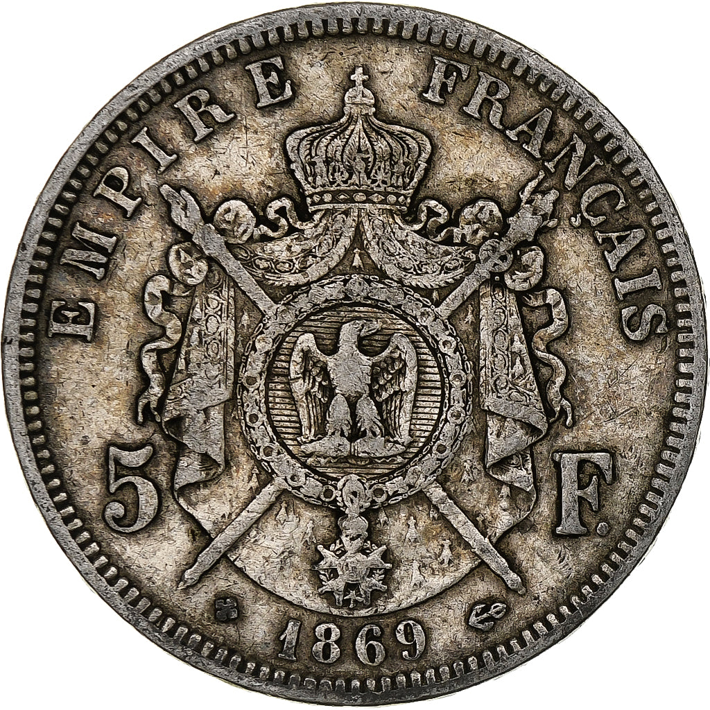 Francia, Napoleon III, 5 Francs, 1869, Strasbourg, Argento, MB, Gadoury:739