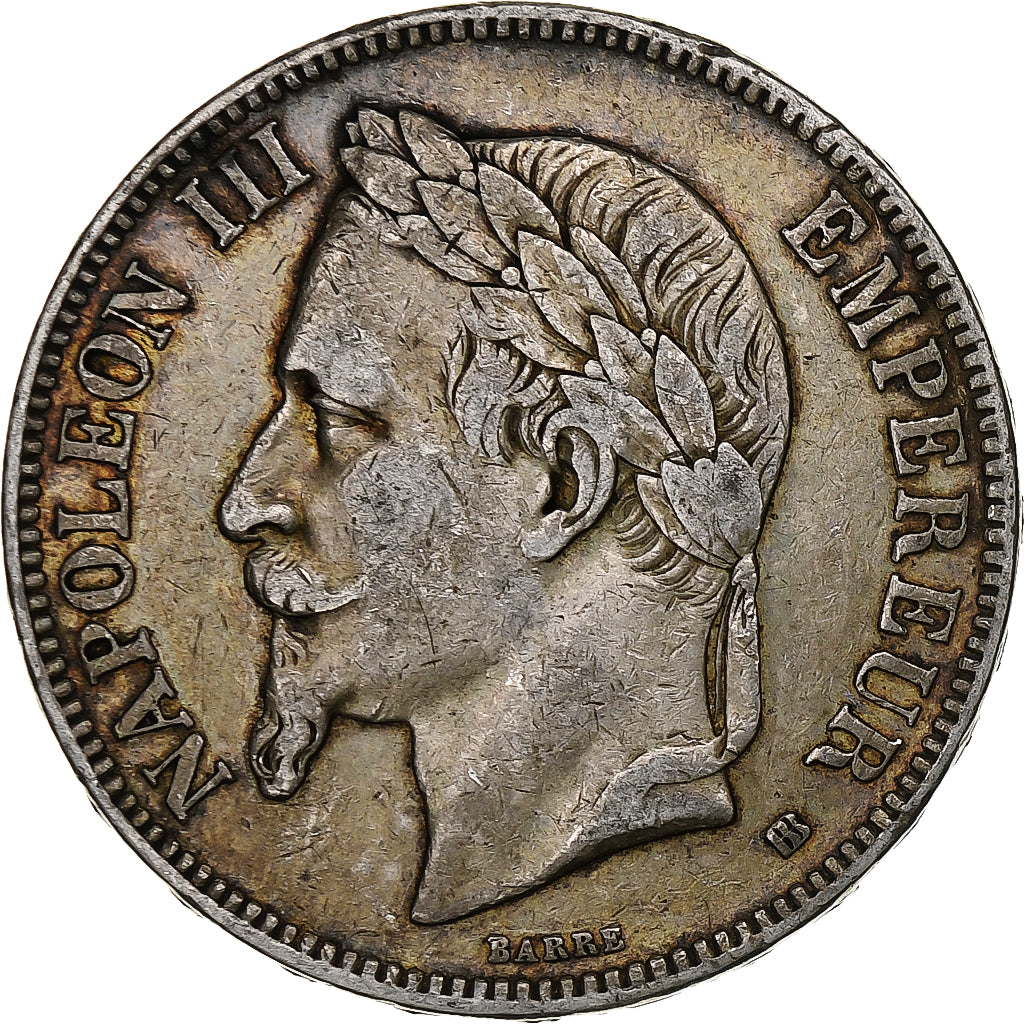França, Napoleon III, 5 Francs, 1869, Strasbourg, Prata, VF(30-35)