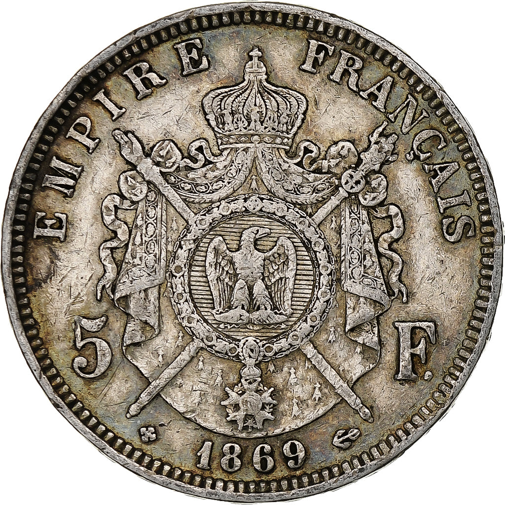 França, Napoleon III, 5 Francs, 1869, Strasbourg, Prata, VF(30-35)