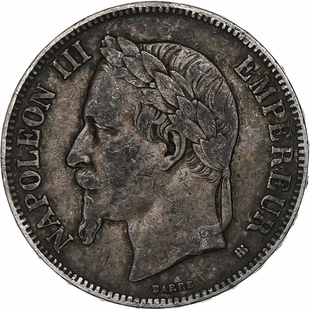 França, Napoleon III, 5 Francs, 1869, Strasbourg, Prata, VF(30-35)
