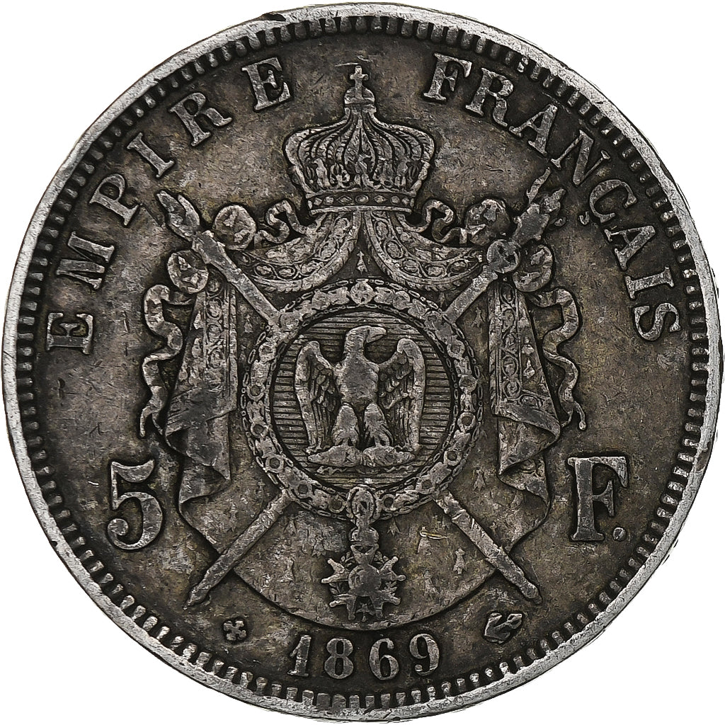 França, Napoleon III, 5 Francs, 1869, Strasbourg, Prata, VF(30-35)