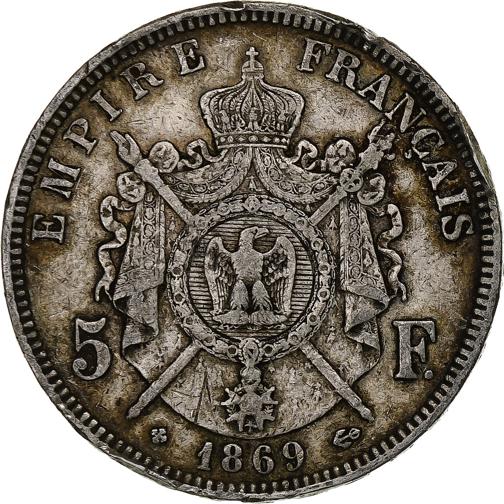 Francia, Napoleon III, 5 Francs, 1869, Strasbourg, Argento, MB, Gadoury:739