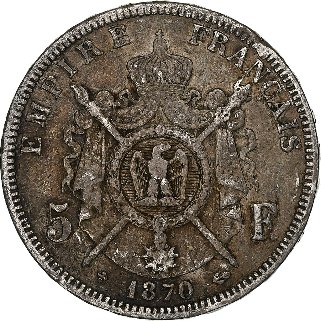 France, Napoleon III, 5 Francs, 1870, Strasbourg, Silver, VF(30-35)