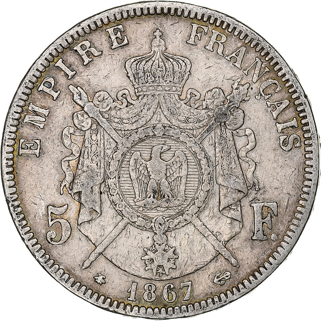 France, Napoleon III, 5 Francs, 1867, Paris, Silver, VF(20-25), KM:799.1