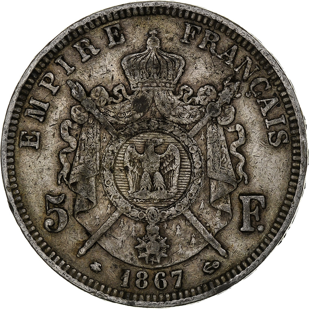 France, Napoleon III, 5 Francs, 1867, Paris, Silver, VF(20-25), KM:799.1