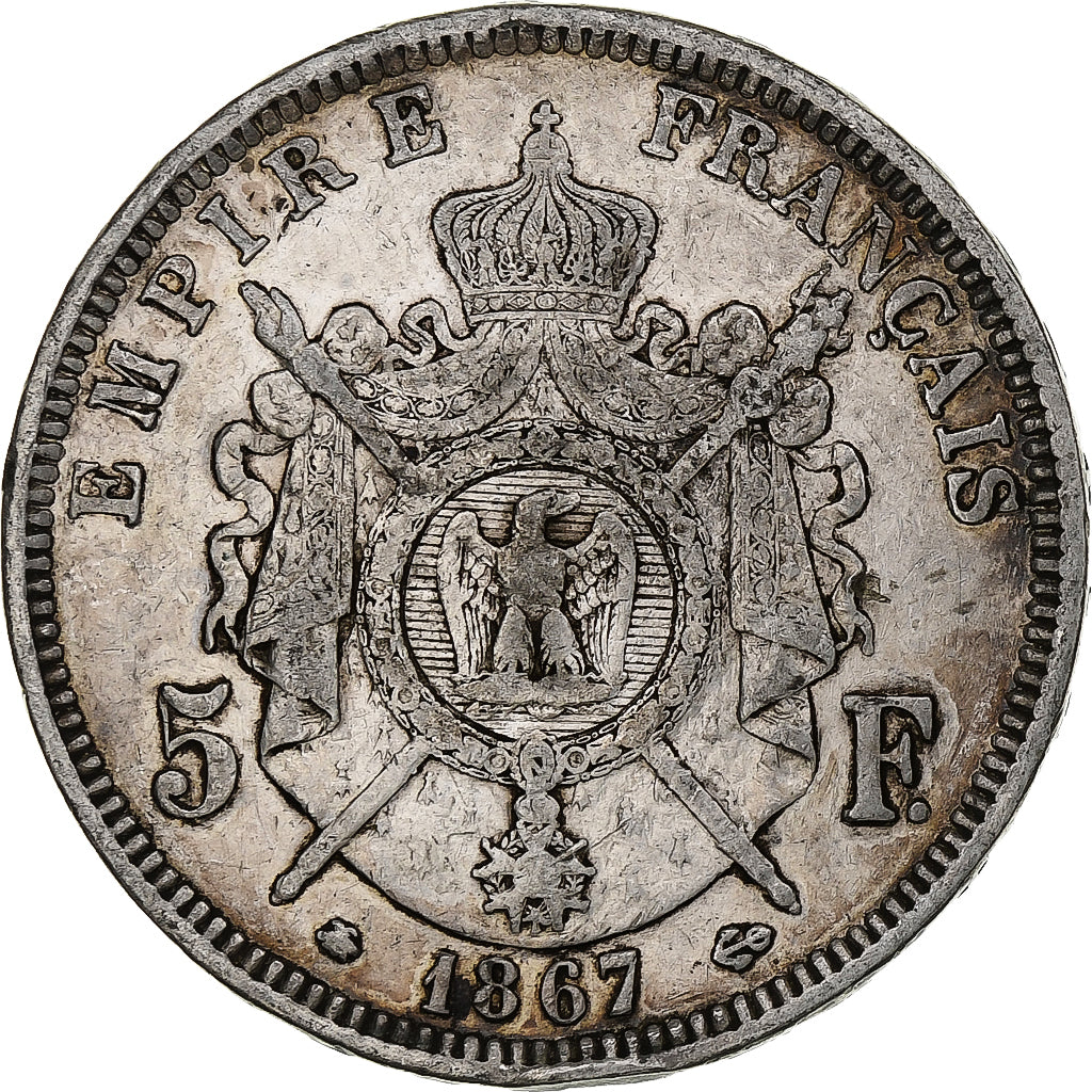 France, Napoleon III, 5 Francs, 1867, Paris, Silver, VF(20-25), KM:799.1