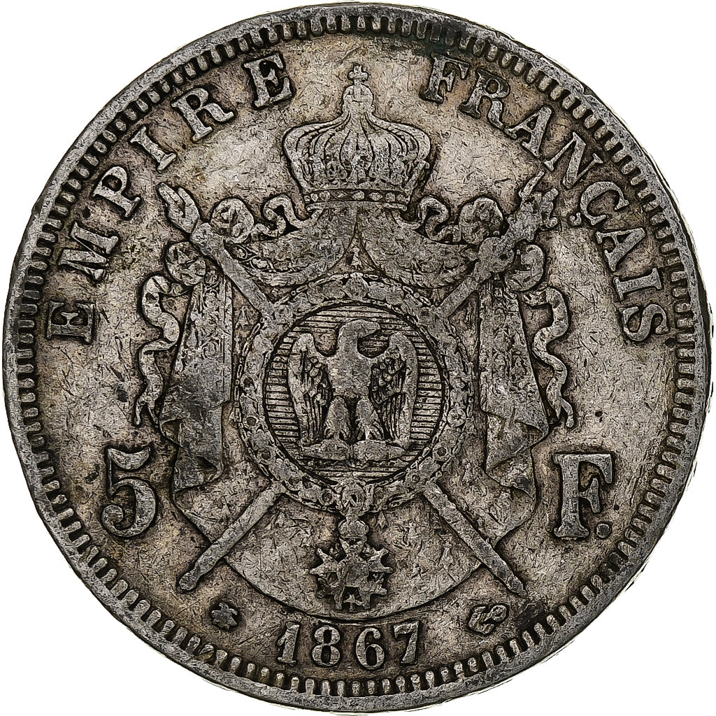 France, Napoleon III, 5 Francs, 1867, Paris, Silver, VF(20-25), KM:799.1