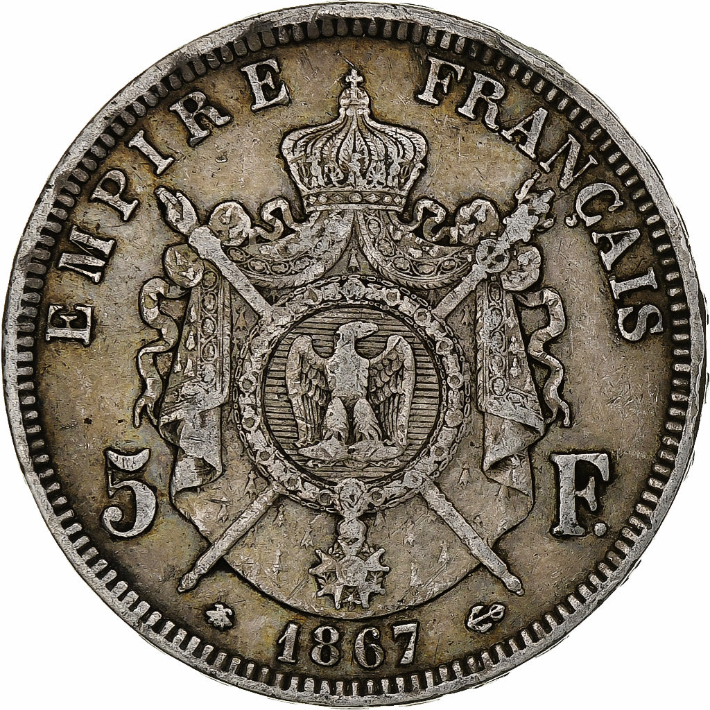 France, Napoleon III, 5 Francs, 1867, Paris, Silver, VF(30-35), KM:799.1