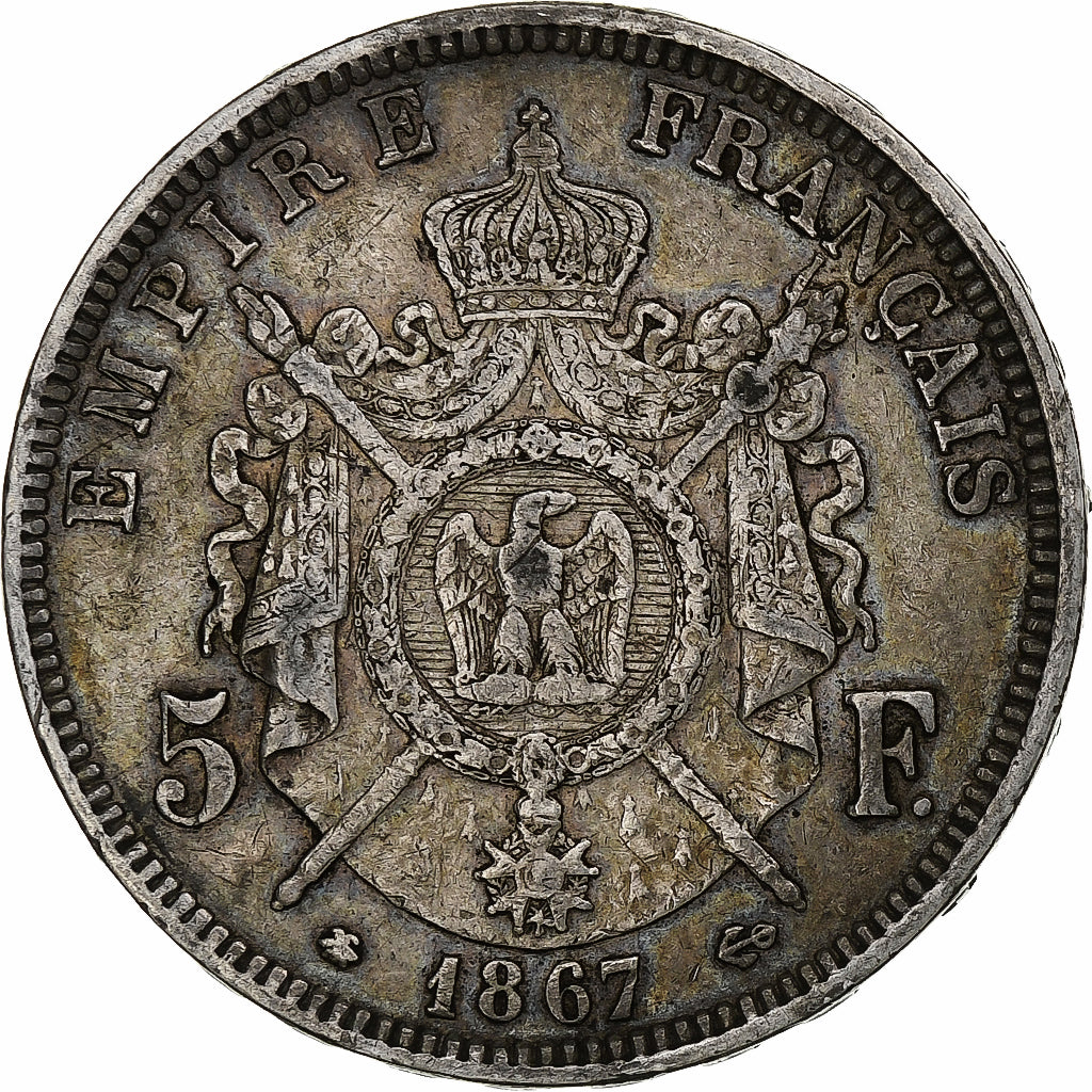 France, Napoleon III, 5 Francs, 1867, Paris, Silver, VF(30-35), KM:799.1