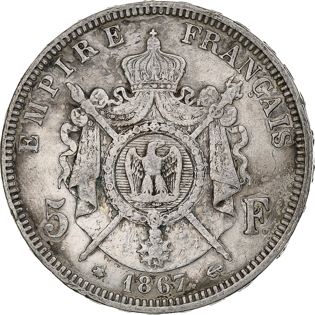 France, Napoleon III, 5 Francs, 1867, Paris, Silver, VF(30-35), KM:799.1