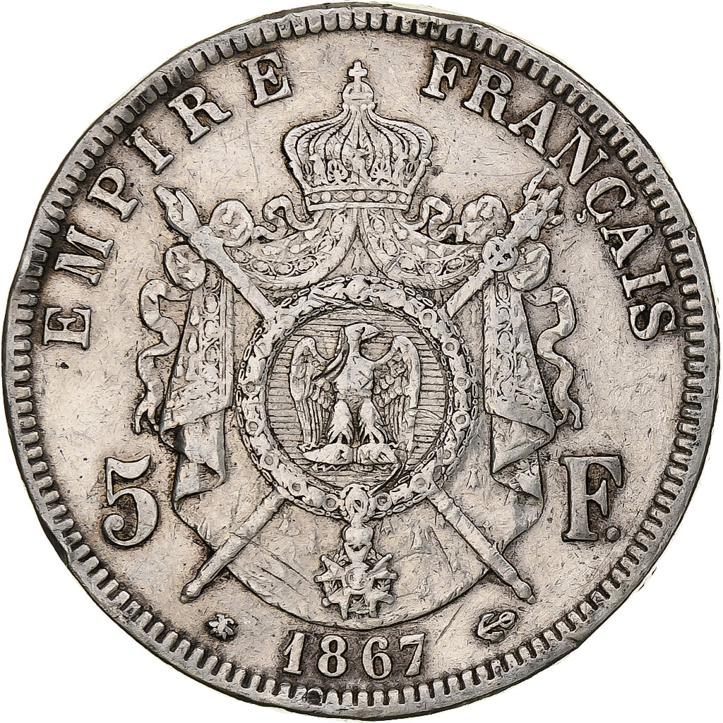 Francia, Napoleon III, 5 Francs, 1867, Paris, Argento, MB+, KM:799.1