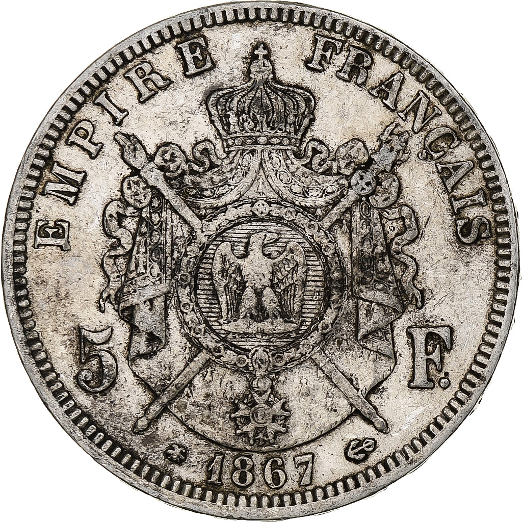 France, Napoleon III, 5 Francs, 1867, Paris, Silver, VF(30-35), KM:799.1