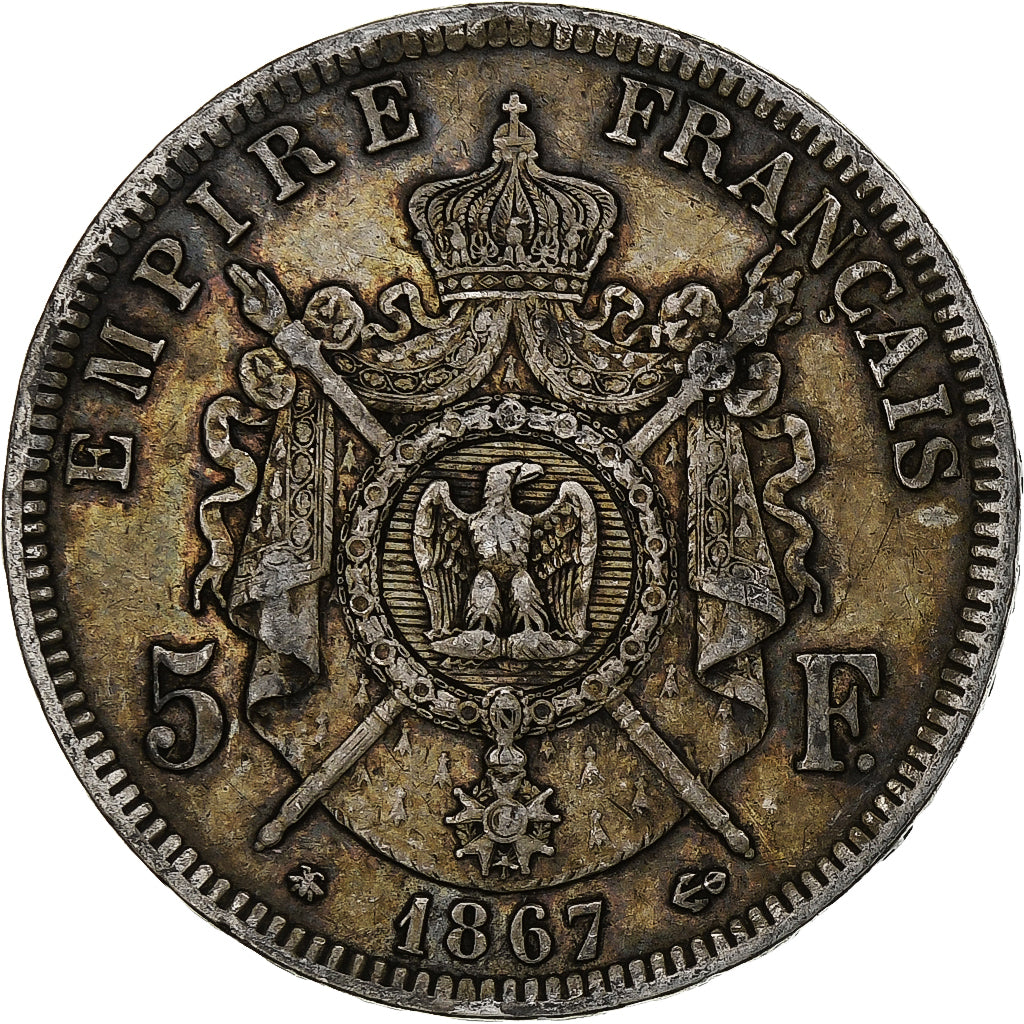 France, Napoleon III, 5 Francs, 1867, Paris, Silver, VF(30-35), KM:799.1