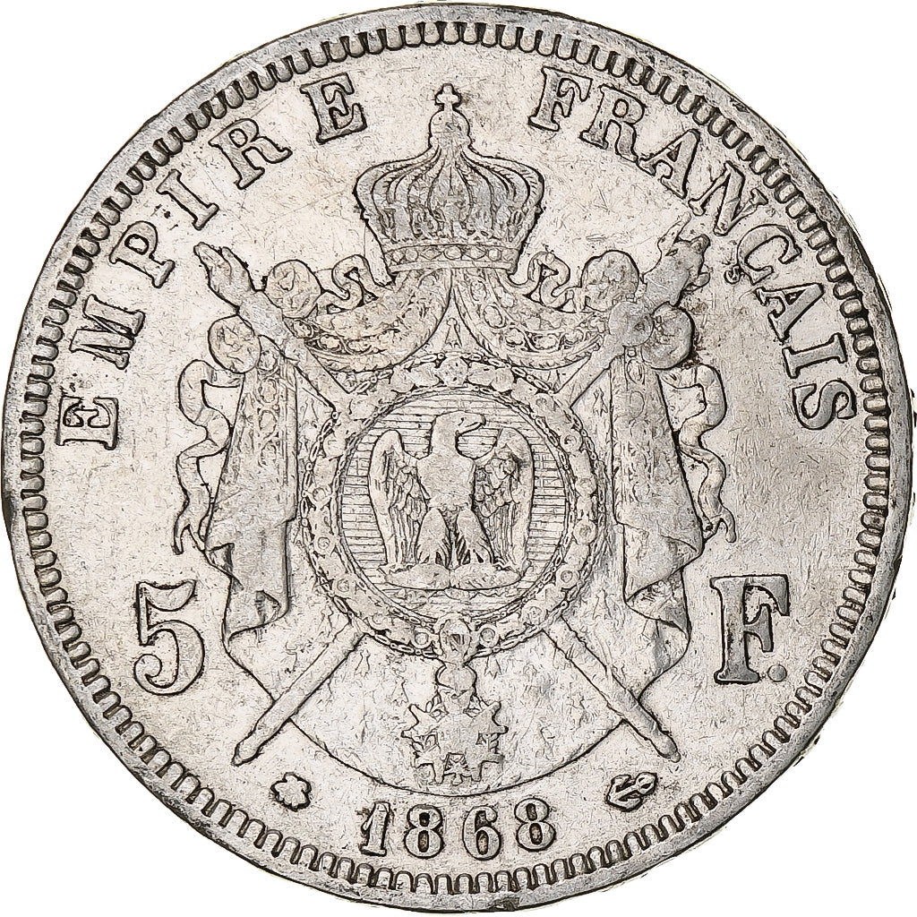 França, Napoleon III, 5 Francs, 1868, Paris, Prata, VF(20-25), Gadoury:739