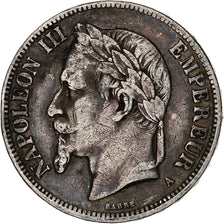 França, Napoleon III, 5 Francs, 1870, Paris, Prata, VF(20-25), Gadoury:739