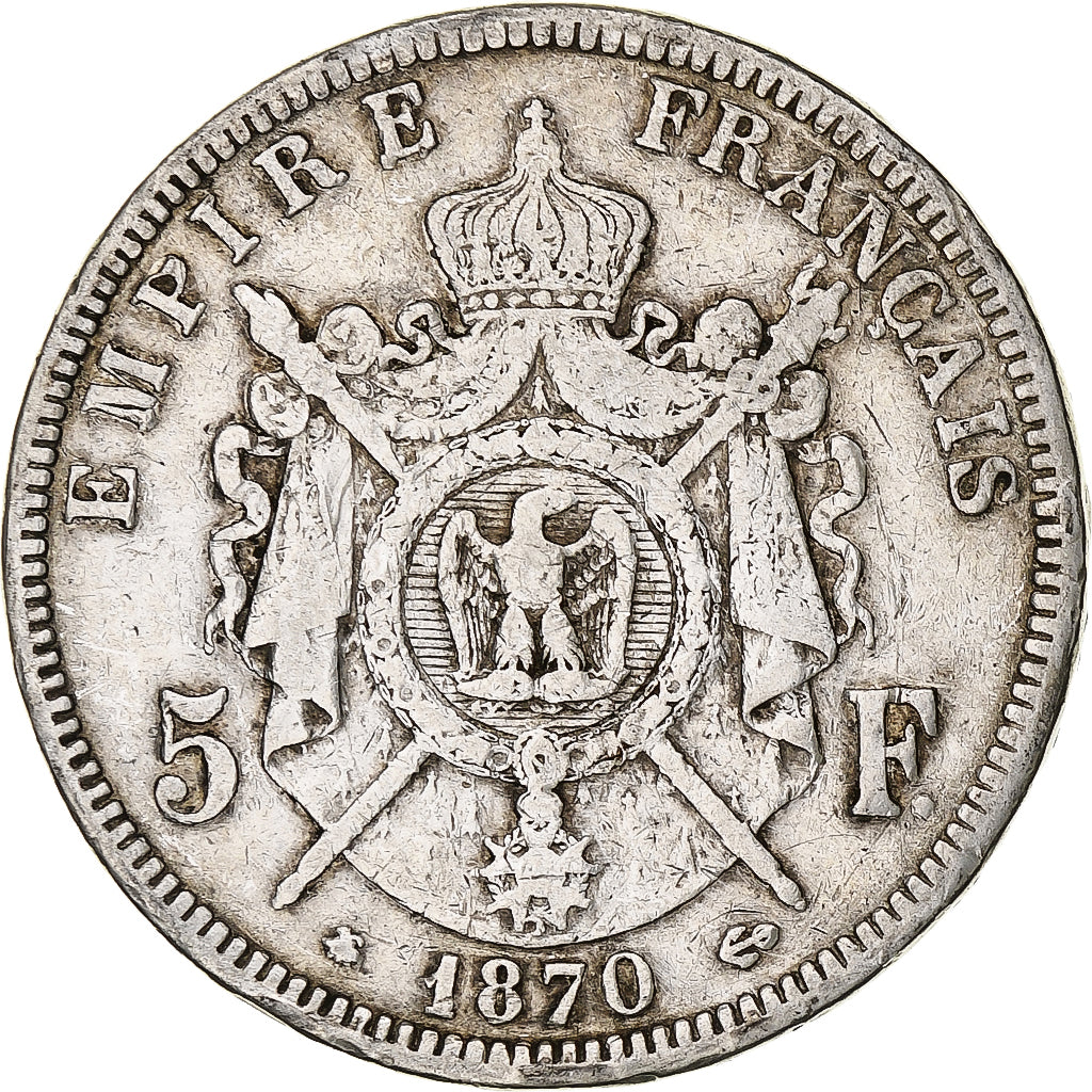 France, Napoleon III, 5 Francs, 1870, Paris, Silver, VF(20-25), Gadoury:739