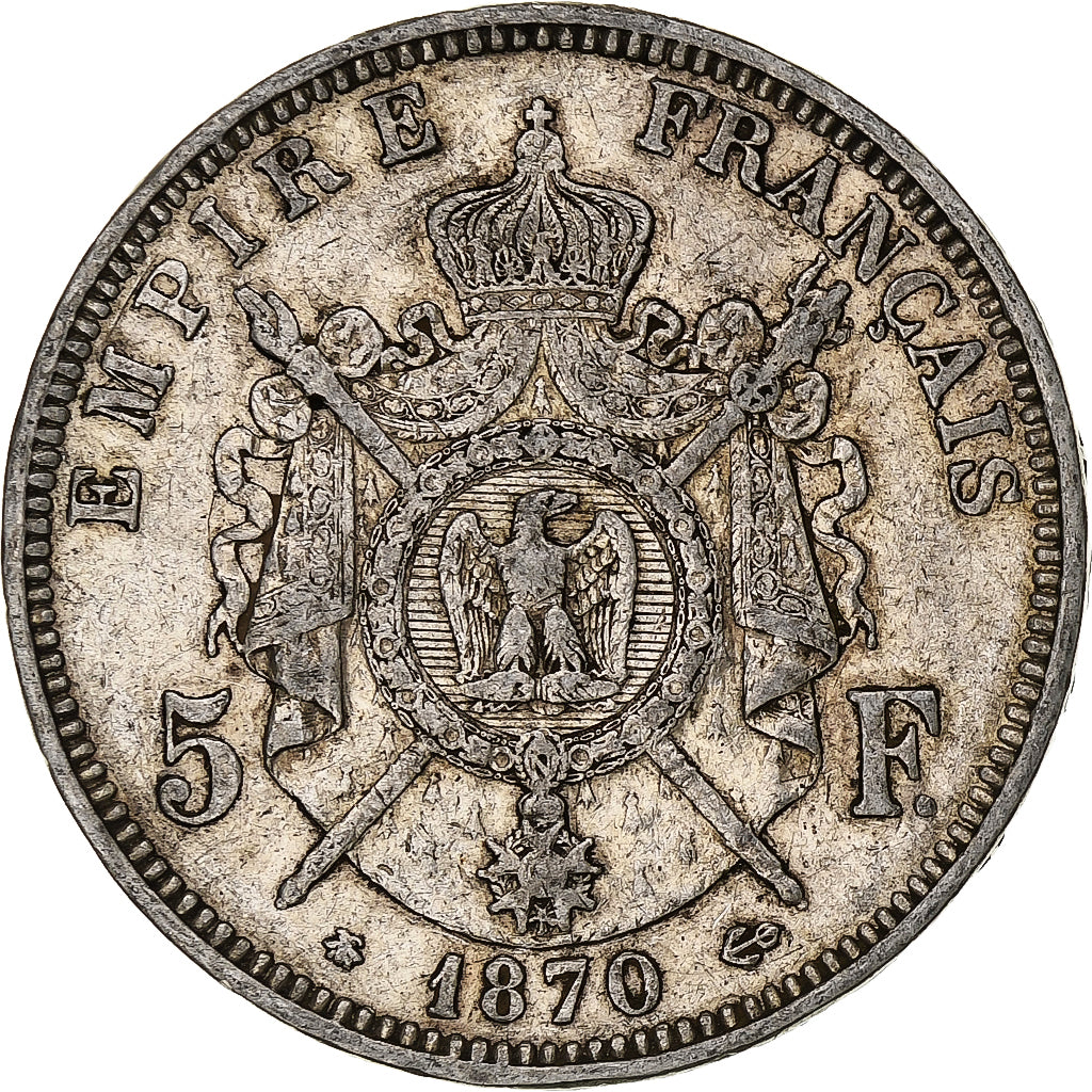 Francja, Napoleon III, 5 Francs, 1870, Paris, Srebro, VF(30-35), Gadoury:739