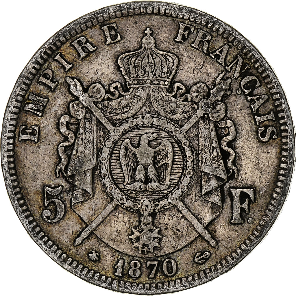 France, Napoleon III, 5 Francs, 1870, Paris, Silver, VF(30-35), Gadoury:739